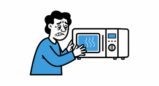 Frustrated person watching overheating microwave in distress.
