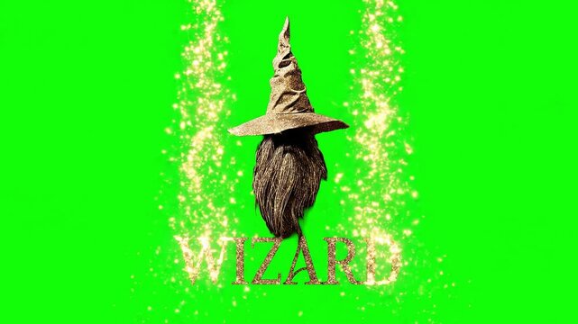 Golden Wizard Hat and Beard with Magical Wizard Text on Green Screen Background, Fantasy Sorcerer Typography with Mystic Glow and Chroma Key Effect for Gaming, Streaming and Video Editing