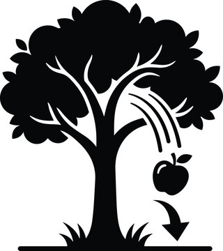 Black vector silhouette illustration of an apple falling from a tree with a downward arrow, representing Isaac Newton's famous discovery of the law of gravity and physics.