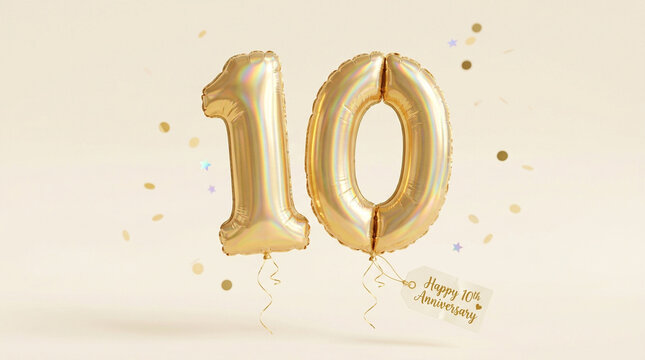 Golden number 10 foil balloons for anniversary celebration, metallic ten year birthday balloons with confetti, elegant decade milestone party decor