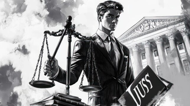 Illustration Young man in suit holds scales of justice, building in background