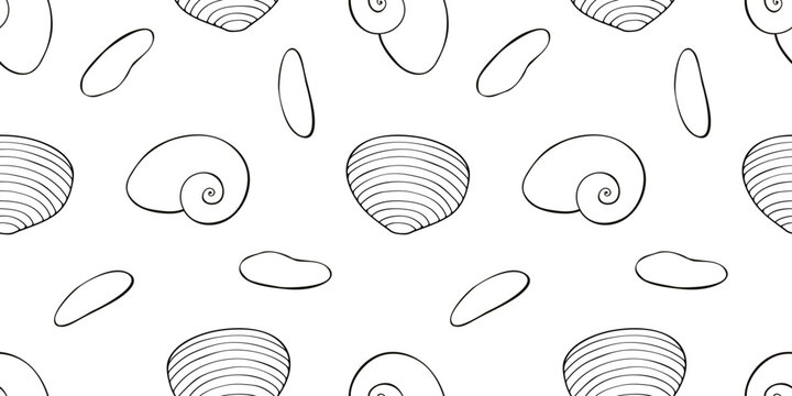 Seamless pattern of Outline Sea shells. Marine background with shellfishes, sinks, pebbles. Beach holiday theme. Hand draw design for wrapping paper, wallpaper, coloring book
