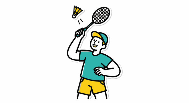 Cartoon character playing badminton with shuttlecock and racket.