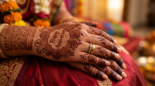 Intricate henna mehndi design on bride's hands with Happy Anniversary text, traditional Indian wedding celebration, gold jewelry and red silk saree
