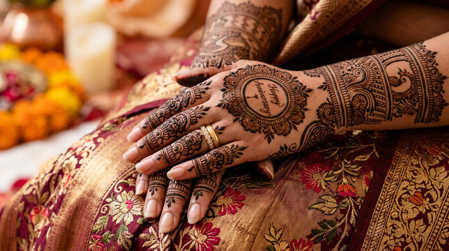 Intricate henna mehndi designs on bride hands, traditional Indian wedding ceremony details, ornate floral body art and silk bridal saree