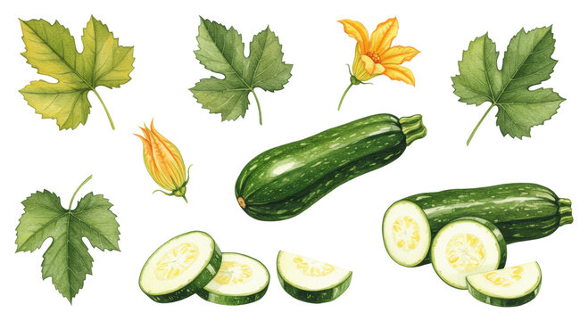 Watercolor illustrations of zucchini with leaves, and flowers on transparent background. Set of fresh vegetables for healthy food design, card, poster, textile, menu, book, sticker, packing, label.	
