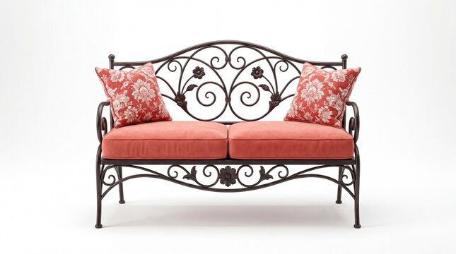 Elegant vintage metal garden bench with decorative floral cushions photographed as a clear item on white background