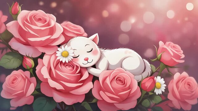 Whimsical magical dwarf gnome peacefully napping among blooming pink roses and daisies in a dreamy spring garden illustration with soft bokeh lights