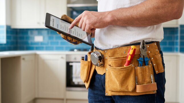 Handyman in tool belt checking tablet in modern kitchen with home improvement