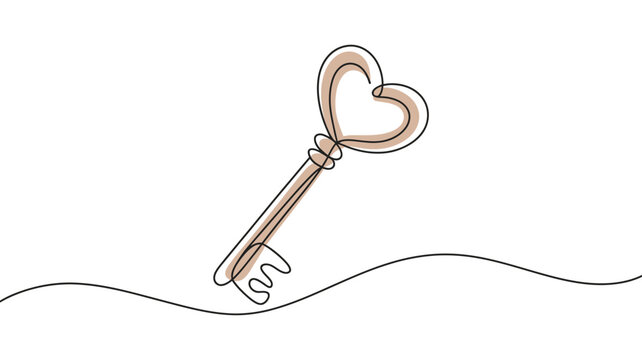 Continuous line heart shaped key illustration with color