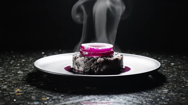 A stunning dessert serves as the focal point, displaying vivid hues and an intriguing shape. Delicate wisps of steam rise, enhancing the artistic atmosphere in the dimly lit setting.