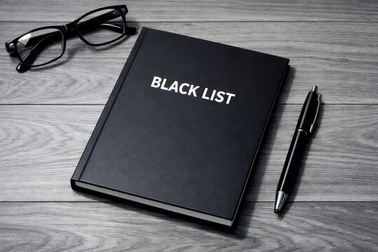 ブラックリストと書かれた黒いノートと眼鏡とペンが木目調の机に置かれているビジネスの風景