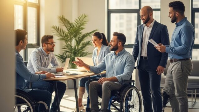 Diverse professionals collaborate around a table, one in a wheelchair, in a modern office with natural light.