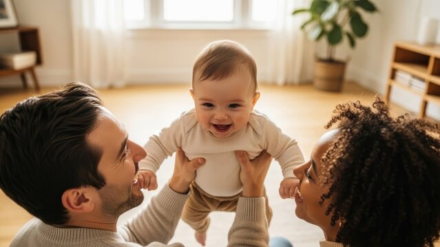 Interracial parents in casual clothes joyfully lifting their laughing baby up in a sunlit modern living room. Diverse family bonding time at home.
