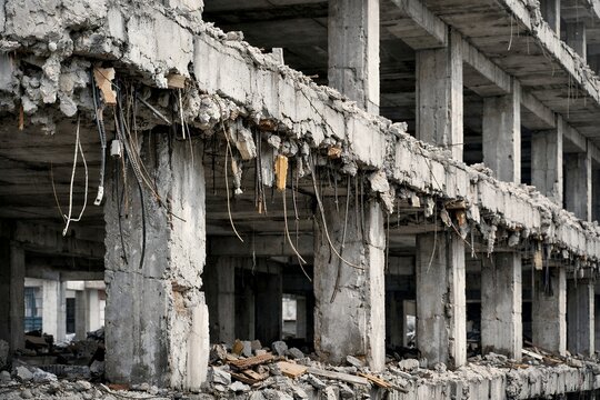 地震や災害で崩壊した鉄筋コンクリート造のビルや廃墟の建物の内部と剥き出しの鉄筋