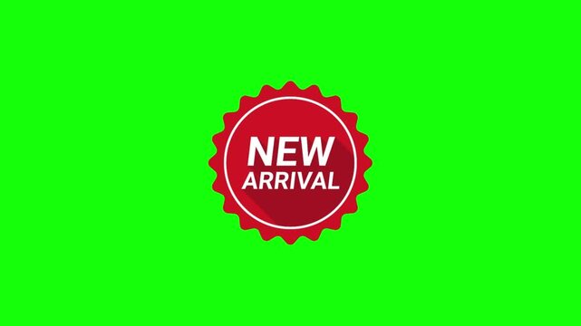 Dynamic 'New Arrival' badge animation on a vibrant green screen, perfect for promoting fresh products and exciting launches.