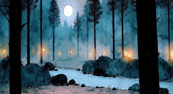 Eerie misty forest with full moon and glowing lanterns, a surreal nocturnal landscape