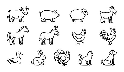 Obraz premium Farm Animals Line Art Vector Set with Rural Livestock and Barn Icons