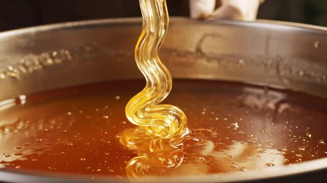 Honey glistens as a wooden dipper stirs the thick, amber liquid, capturing the essence of craft in a cozy kitchen. The rich texture flows elegantly, showcasing its allure.