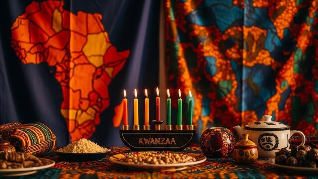 Kwanzaa celebration with kinara, food, and African map backdrop.