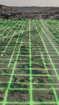 Aerial drone mapping over barren terrain, neon green grid overlay creates digital twin of rugged landscape, autonomous survey mission captures highresolution lidar and geospatial data, cinematic