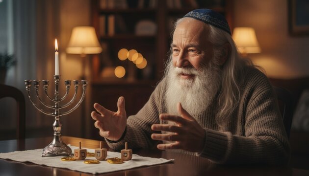 Happy senior Jewish grandfather telling Hanukkah stories during the first evening of the festival of lights, sitting by a lit menorah and dreidels for holiday concept