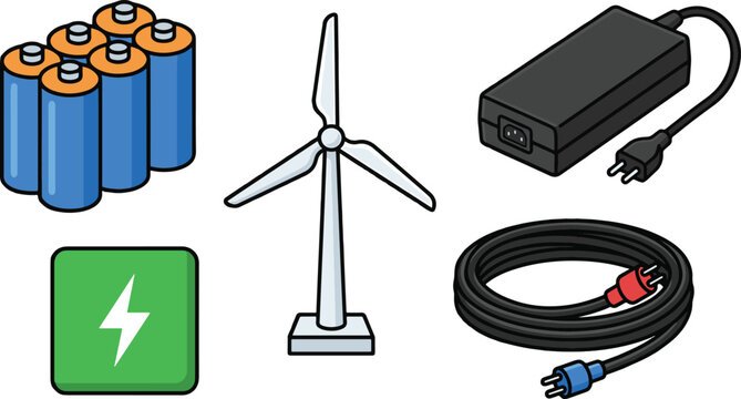 Renewable energy sources including a wind turbine and batteries connected to a power converter with a cable.