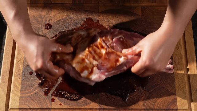 In an inviting kitchen, skilled hands effortlessly massage a rack of ribs with a blend of rich marinade. The scene captures a culinary dance of textures and flavors, emphasizing the joy of cooking.