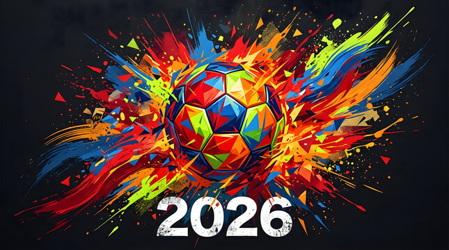 Colorful soccer ball exploding with paint splatter for 2026 football colorful splatter explosion