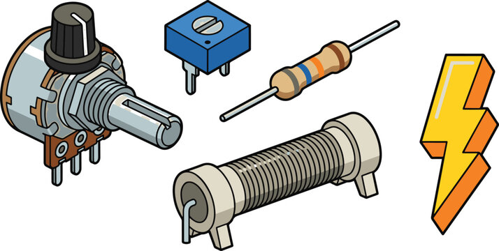 Electronic components including a potentiometer and resistors are arranged on a table indoors.