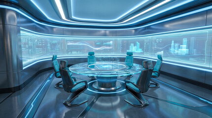 Fototapeta premium futuristic corporate meeting room empty modern boardroom glowing blue holographic data screens high tech business interior digital artificial intelligence strategy communication network