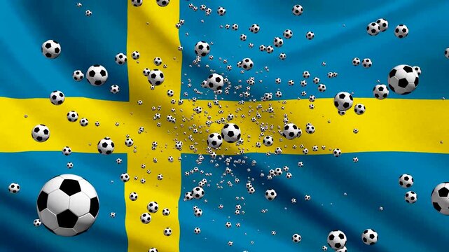 Sweden Flag Waving Background with Spinning Soccer Balls Loop