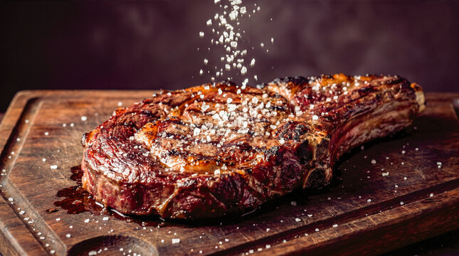 premium roasted beef steak rustic wooden board falling salt crystals dark background gourmet meat culinary cooking process delicious hot meal dinner restaurant menu