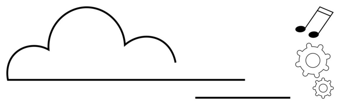 Cloud storage, data synchronization, music sharing, software engineering, technology tools, and innovation. Minimal line cloud, musical notes and gear symbols. Cloud storage and data synchronization