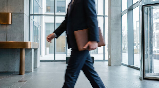 blurred businessman walking modern office lobby holding leather briefcase corporate professional travel commuter business environment architectural background bright glass windows work lifestyle