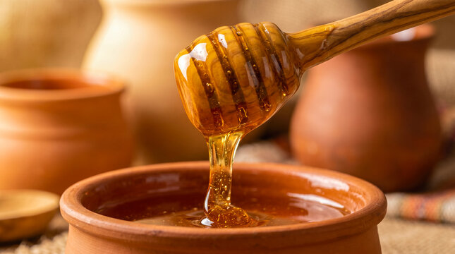 Sweet golden raw honey pouring directly from carved wooden dipper into handmade traditional ceramic bowl placed on textured rustic burlap material background