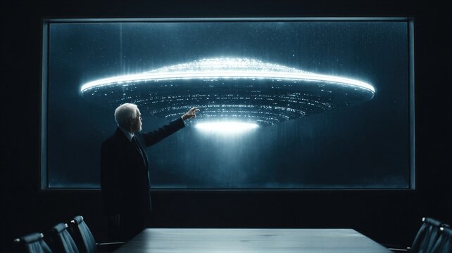 Man official looking at giant ufo behind glass window. Government secret declassification of extraterrestrial vehicle. Mysterious spacecraft observation in dark office, science fiction scene.