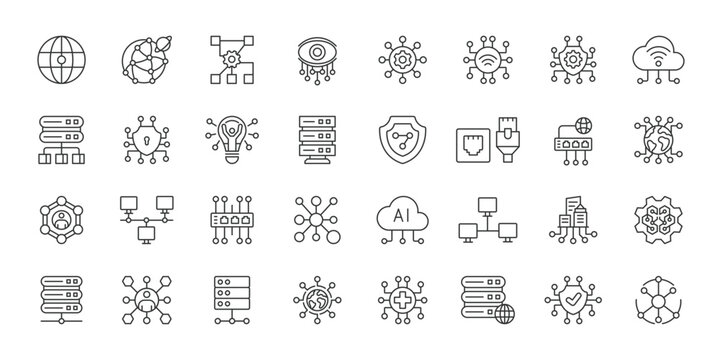 Network Infrastructure icons in line design. network, infrastructure, server, connection, cloud, technology, communication on white background vector. Network Infrastructure editable stroke icon