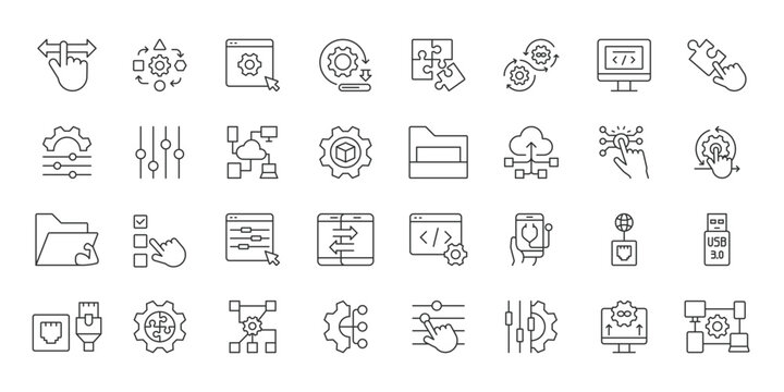 Plugin Integration icons in line design. plugin, integration, connection, software, extension, interface, synchronization on white background vector. Plugin Integration editable stroke icon