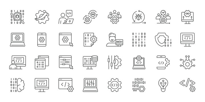 Software Development icons in line design. software, development, coding, programming, technology, application, engineering on white background vector. Software Development editable stroke icon