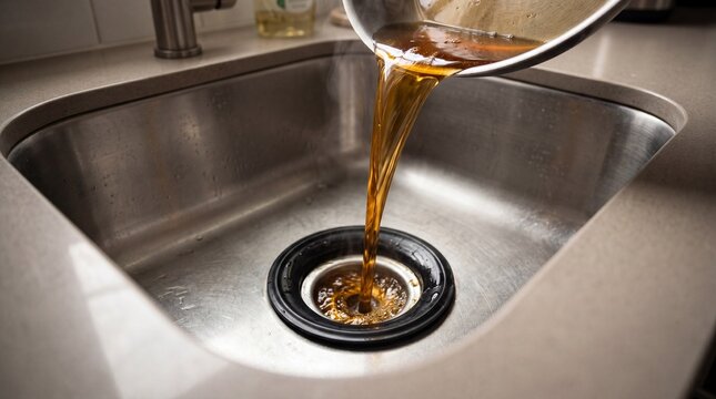 Pouring liquid waste down a kitchen sink drain during a home cleaning task in a modern kitchen