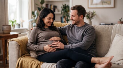 Obraz premium Couple shares joyful moment as they prepare for new baby at home in cozy living room