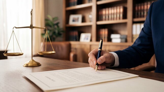 Lawyer signs documents while sitting at desk in office with legal scales in the background