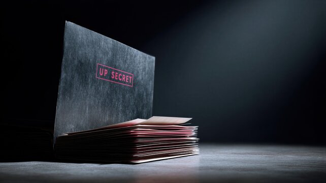Top secret folder with classified documents. Government file about ufo and alien activity. Declassification of state archives with military data. Conspiracies and investigation concept.