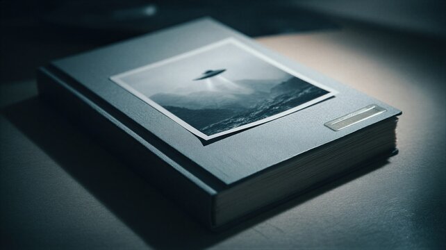 Classified government file folder featuring a photograph of a flying saucer. Declassified military document regarding extraterrestrial life. Secret ufo records and mystery investigation.