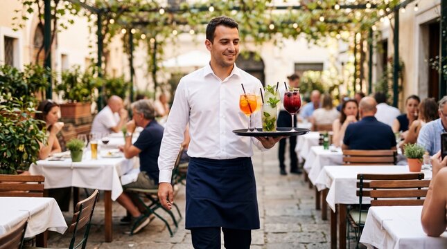 Waiter carries drinks in outdoor restaurant filled with guests enjoying their meals in warm weather