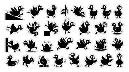 Fototapeta premium Funny Clumsy Ducks Black Silhouette Icon Set Vector Sticker Sheet