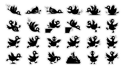 Fototapeta premium Funny Clumsy Ducks Black Silhouette Icon Set Vector Sticker Sheet