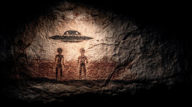 Ancient rock painting showing unidentified flying object and extraterrestrial being. Historic cave mural representing prehistoric contact with alien life. Mystery and government theory.