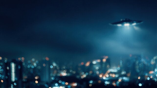 UFO flying over night city. Mysterious spacecraft shining light in dark sky. Government archive investigation concept. Alien invasion and extraterrestrial disclosure of secret files.
